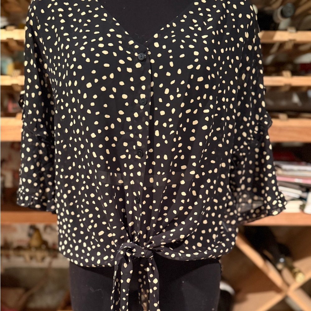NWT Umgee Black Blouse with Cream‎ Polka Dots and Front Tie